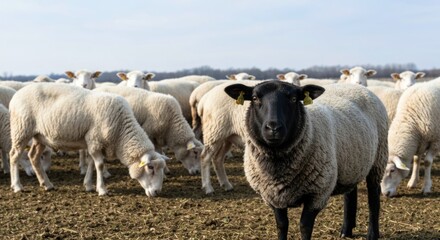 Fototapeta premium Blackface sheep standing out in a flock of white sheep.