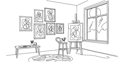 Fototapeta premium Continuous line drawing of artist studio interior with gallery wall