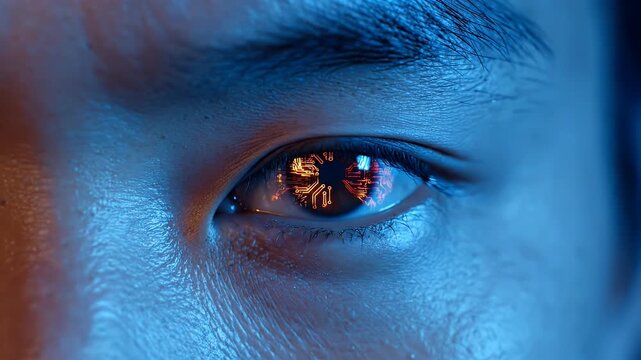 Extreme close-up of a human eye reflecting a glowing orange circuit board