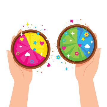 Hands holding clay bowls filled with colorful pink and yellow gulal powder for holi festival celebration.