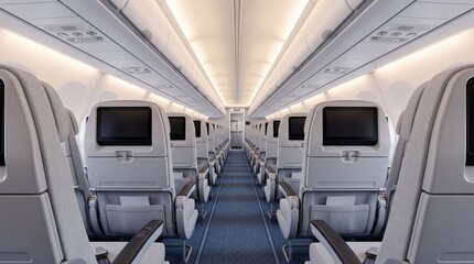 Modern empty passenger airplane cabin with aisle view, economy class seats and in-flight entertainment screens, clean travel transport concept. © Pavel