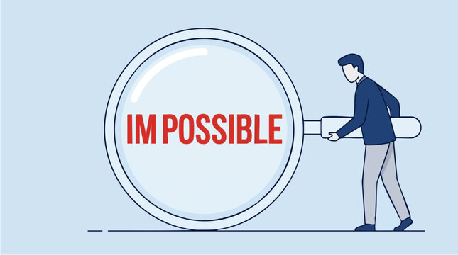 Businessman Turning Magnifying Glass Showing 'Impossible' Text to Emphasize Positive Mindset and Overcoming Challenges in Business