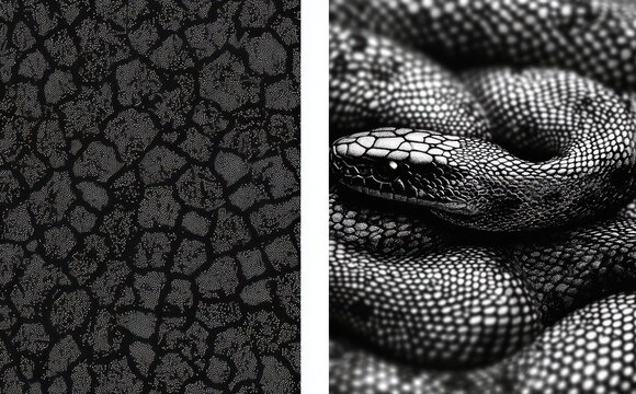 black and white diptych showing a coiled snake close-up alongside a matching textured scale pattern, intense and mysterious
