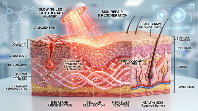 Glowing LED light therapy skin repair regeneration cellular ATP production collagen synthesis fibroblast activation healthy skin epidermis dermis hypodermis micro tears rejuvenation
