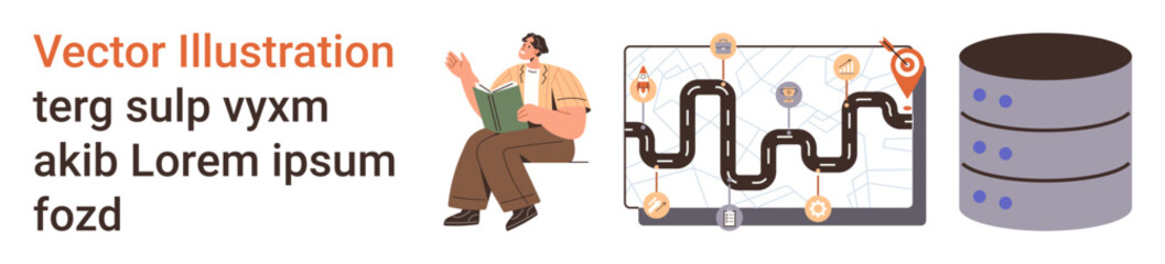 Education, data science, logistics planning, database management, information storage, teamwork. A seated person reading, a path map on a screen and a server stack. Logistics planning and database © robu_s