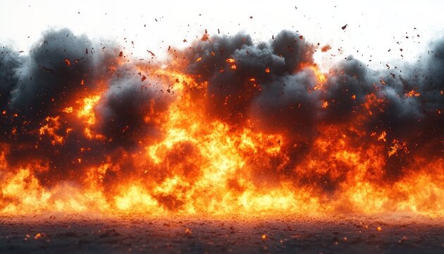 A blazing explosion with bright orange flames and thick black smoke rising over a flat ground, debris flying in a dramatic, dangerous scene