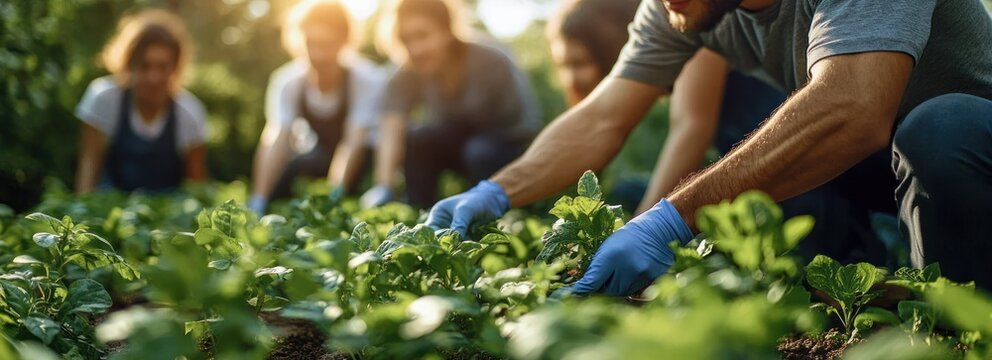 hands in blue gloves planting young leafy seedlings in a sunlit garden bed with a small group tending plants, focused caring teamwork and hopeful atmosphere