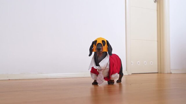 A black and tan dachshund wearing a thief's orange balaclava runs across a wooden floor next to a plain white wall, the puppy has just done something, stolen something.