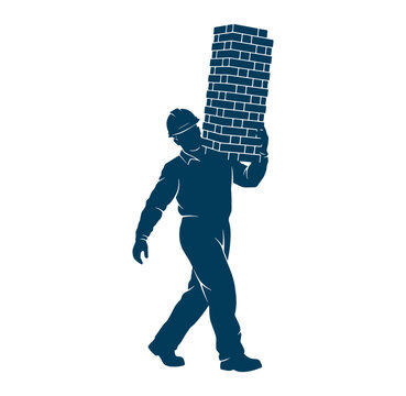Man carrying a stack of bricks on his shoulder in a walking posture