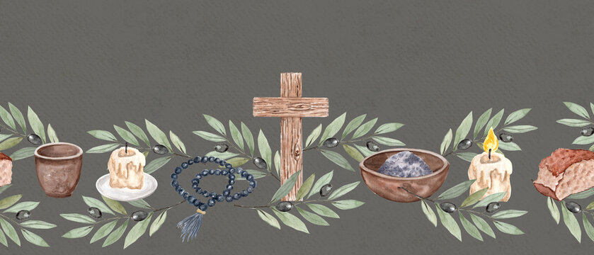 Wooden cross, rosary, bowl of ashes, candle, bread, olive branch seamless horizontal watercolor border on gray with copy space perfect for for Lent church designs. White background. Christian symbols