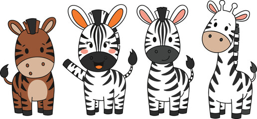 Fototapeta premium Adorable Cartoon Zebra and Giraffe Character Set with Various Expressions, Perfect for Kids' Designs, Animal-Themed Products, and Educational Materials