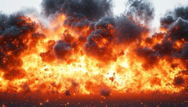 A massive explosion with blazing orange flames, thick black smoke, and glowing embers across a dark horizon, evoking chaos and intense heat
