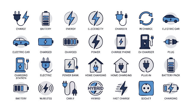 Collection of electric vehicle charging icons with different devices and symbols representing sustainable energy and eco-friendly transportation concepts