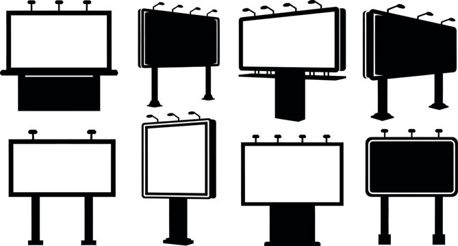A collection of eight blank billboard signs in various orientations and designs for advertising purposes on roads and highways