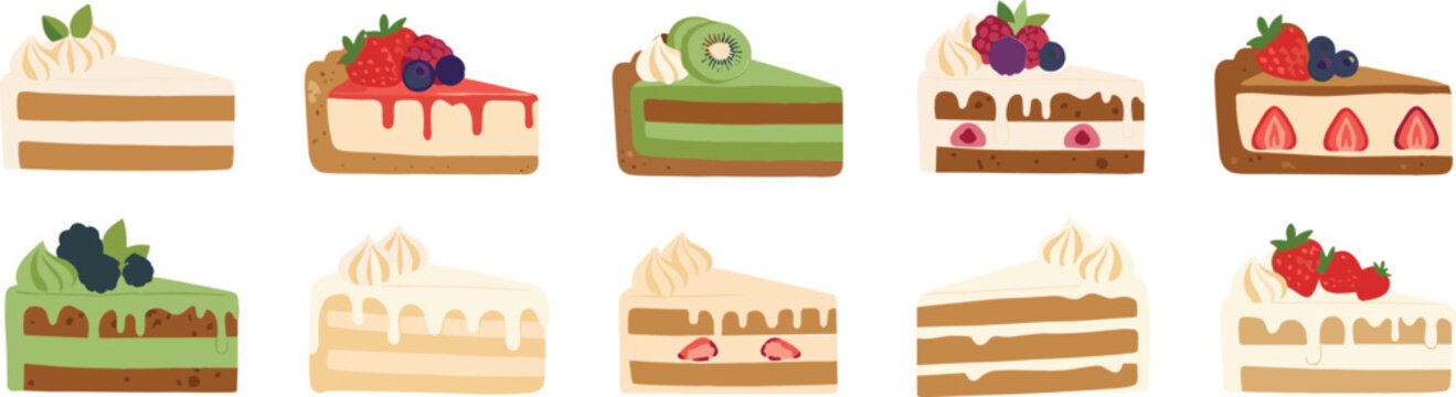 Dessert Cake Slice Collection Featuring Strawberry, Chocolate, Matcha, Berry, and Cream Flavors with Sweet Bakery Illustrations for Menu Design and Food Branding