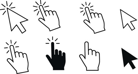 Fototapeta premium Clicking cursor icons set with hand and arrow pointers on white background