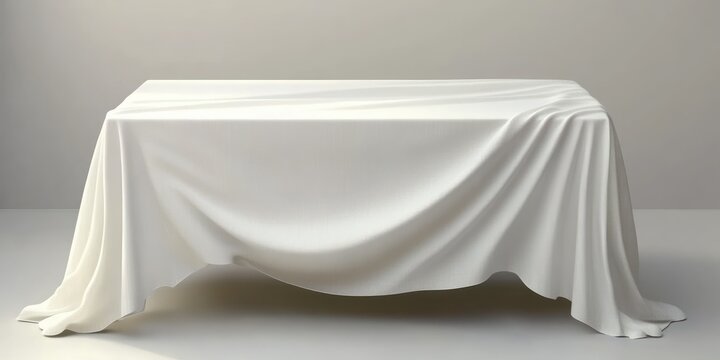 white draped tablecloth over a rectangular table in a serene minimalist studio with soft folds and gentle shadows