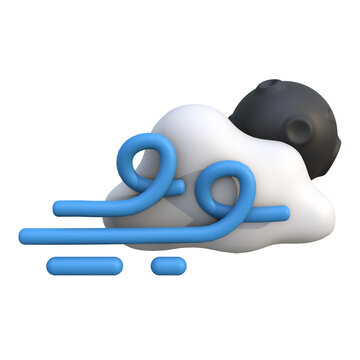 Stylized 3D weather icon representing a cloudy sky with wind and a full moon at night