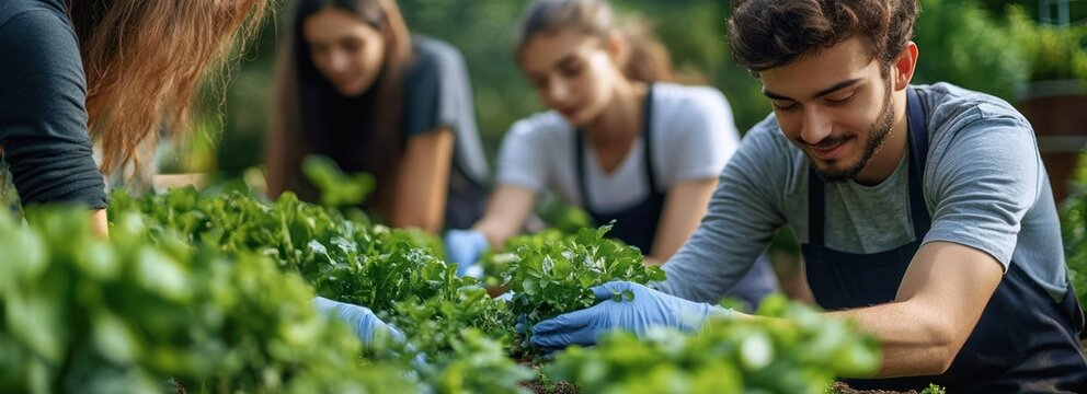 Group of focused volunteers tending lush green vegetable and herb beds outdoors, wearing blue gloves and aprons and working together with calm concentration
