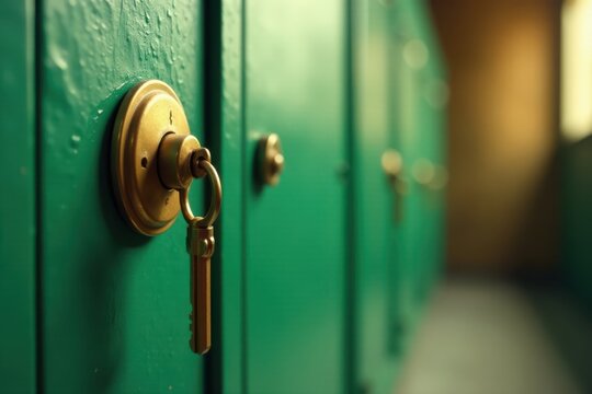 A golden key in a teal locker, a symbol of privacy and security, in a row of similar lockers, suggesting a shared space with individual compartments.