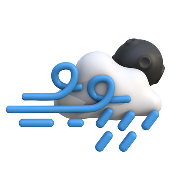 3D cartoon weather icon of rain and strong wind with moon in the background