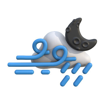 Night weather forecast cloudy, windy, and rainy conditions under a crescent moon icon
