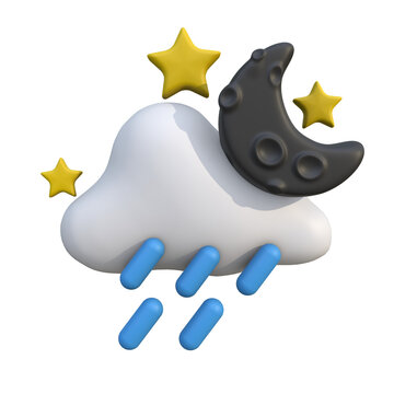 3D Illustration of a cloud with rain, moon, and stars, representing weather forecasting and meteorology
