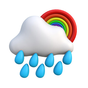 3D illustration of a fluffy cloud raining with a vibrant rainbow behind it on a white background
