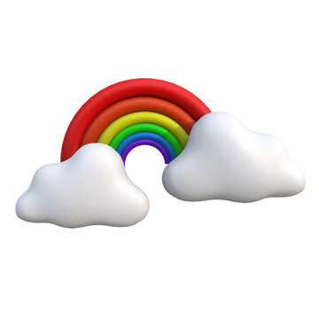 Vibrant 3D Rendered Rainbow Arching Between Two Fluffy White Clouds on a Clear Background, Symbolizing Hope, Joy, and Diversity in a Cheerful Sky Scene