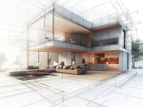 modern two-story glass house architectural rendering showing open-plan living room, kitchen and outdoor terrace with sectional sofa, warm lighting and wireframe overlay, inviting and serene