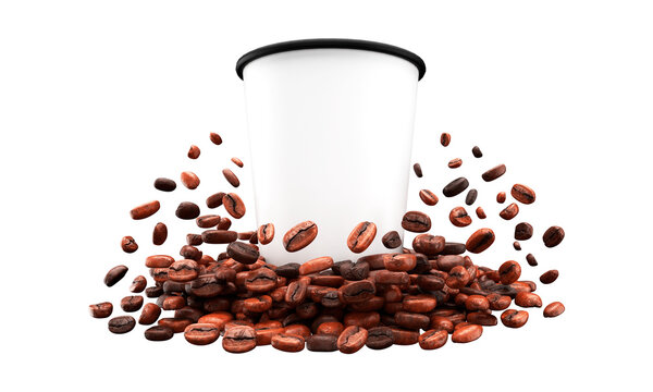 White Coffee Cup with Roasted Coffee Beans on transparent Background