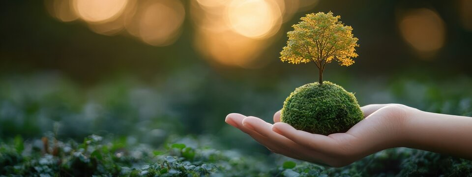a hand gently holding a moss-covered soil ball with a small tree with golden leaves, soft sunset bokeh conveying hope, nurturing and serene care for nature