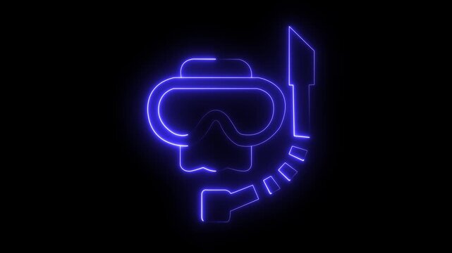 Blue neon glow outline animation of a diving mask and snorkel on a black background, summer vacation, travel destination, underwater adventure, water sport, or beach holiday