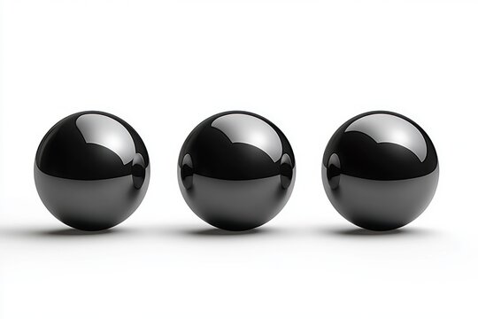 three glossy black spheres on a white surface with reflections and soft shadows a minimalist calm composition