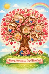 Obraz premium happy international day of families tree with heart leaves and portraits