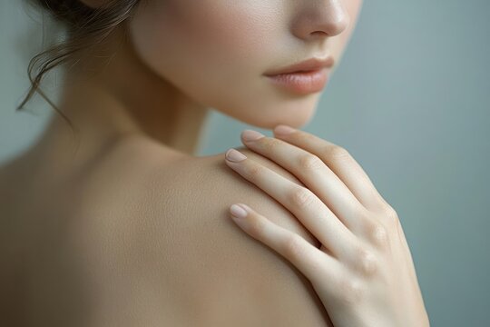 soft bare shoulder and graceful hand resting on upper back with delicate fingers and natural nails, loose hair curl and blurred face evoking calm intimacy and gentle serenity