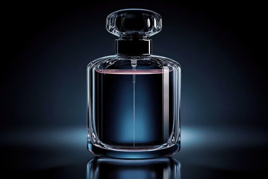 elegant glass perfume bottle with deep blue liquid and subtle pink rim, reflective stopper and polished surface on a dark moody background conveying luxury and mystery