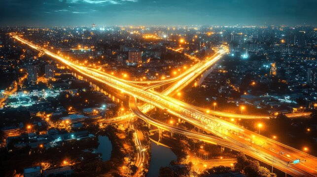 Night aerial view of a glowing highway interchange weaving over a city, with orange streetlights, tall buildings, and a dark water canal, conveying energy and motion