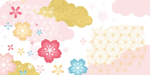 Naklejka premium Spring Japanese Cherry blossom flower background vector. Sakura floral Wallpaper design of elegant gold line cherry blossom flower, branch. Illustration for banner, wall decoration, backdrop, ads.