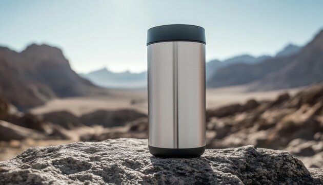 stainless steel insulated travel mug on a sunlit rock in a remote desert mountain landscape, evoking adventure and calm