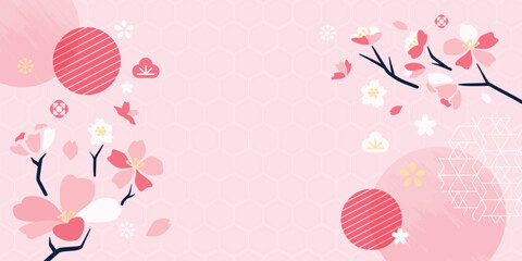 Obraz premium Spring Japanese Cherry blossom flower background vector. Sakura floral Wallpaper design of elegant gold line cherry blossom flower, branch. Illustration for banner, wall decoration, backdrop, ads.