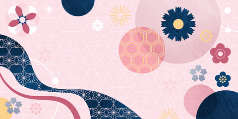 Obraz premium Spring Japanese Cherry blossom flower background vector. Sakura floral Wallpaper design of elegant gold line cherry blossom flower, branch. Illustration for banner, wall decoration, backdrop, ads.