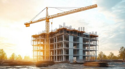 Naklejka premium yellow tower crane beside multi-story concrete building under construction at sunset with rebar piles and muddy site conveying industrious progress