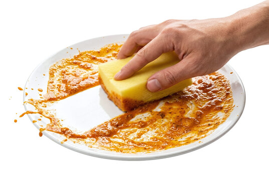Hand cleaning a dirty plate with a yellow sponge