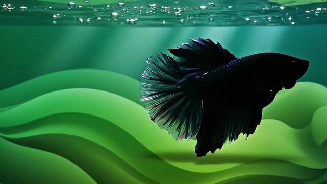 Black betta fish swimming underwater.