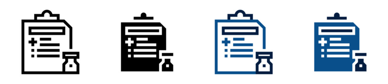 Iconos de control m&eacute;dico. Portapapeles con documento y medicina. Seguimiento cl&iacute;nico y supervisi&oacute;n sanitaria. Ilustraci&oacute;n vectorial