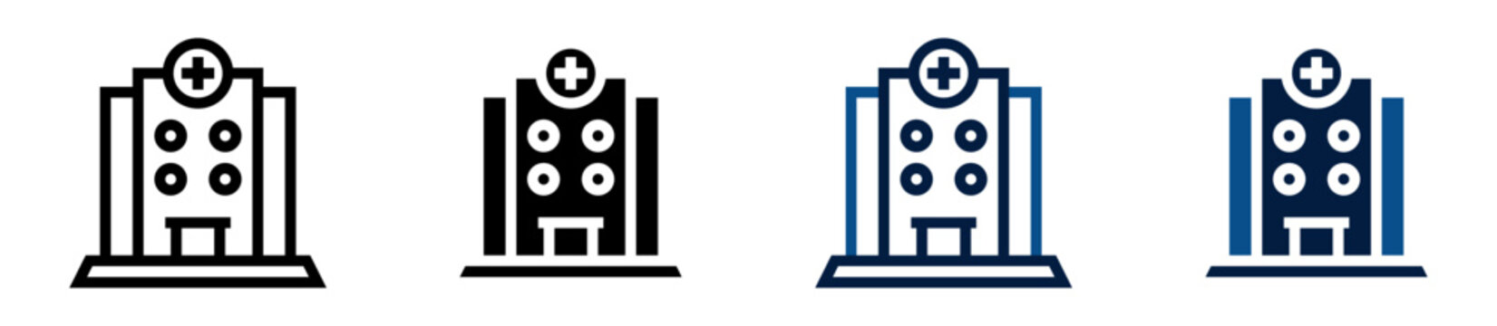 Iconos de hospital. Edificio sanitario. Atenci&oacute;n m&eacute;dica y servicios de salud. Ilustraci&oacute;n vectorial