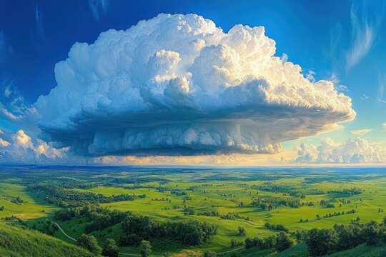 Massive towering thunderhead cloud hovering over sunlit rolling green plains, a dramatic and awe-inspiring scene of a looming storm above expansive countryside