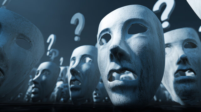 Surreal mask question mark mystery concept anonymous face confusion emotion blue tone anxiety art background