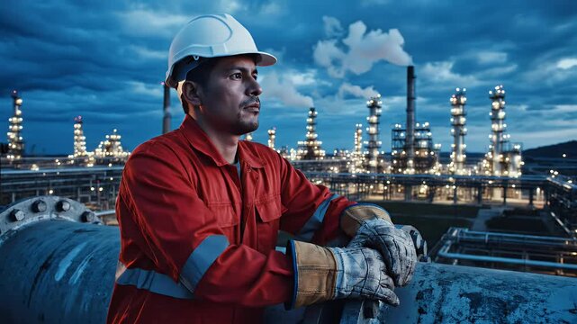 A solitary worker pauses amidst industrial nighttime glow